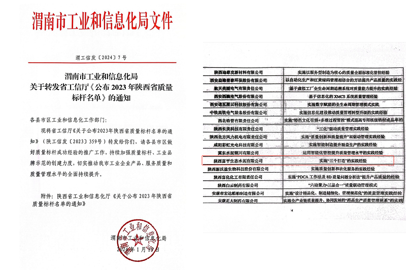 喜報！富平公司榮獲陜西省質(zhì)量標桿榮譽