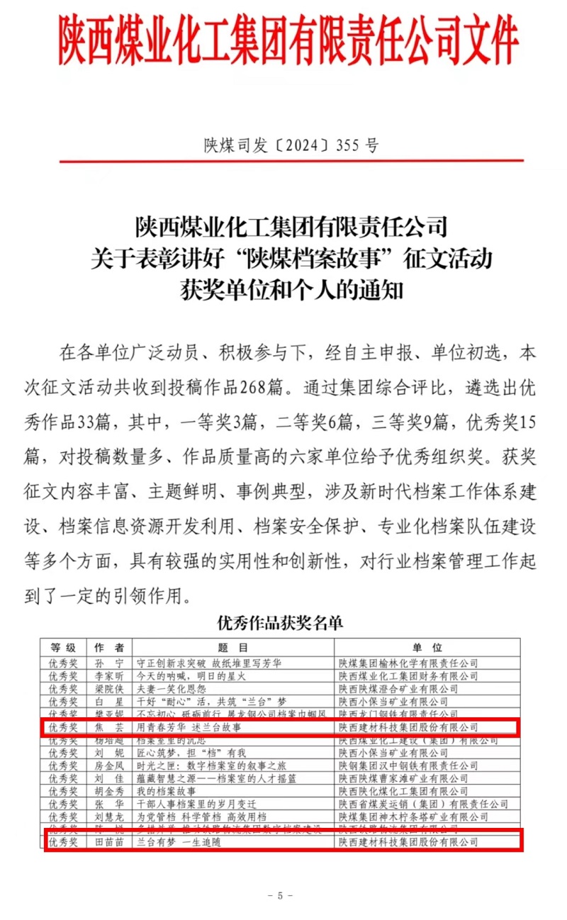 喜報！陜西建材科技檔案故事獲獎了